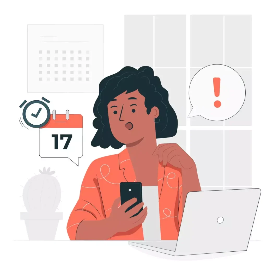 Mulher no computador e celular, lembrando das obrigações do empregador doméstico no mês de janeiro, com destaque para o calendário e aviso de cuidado.