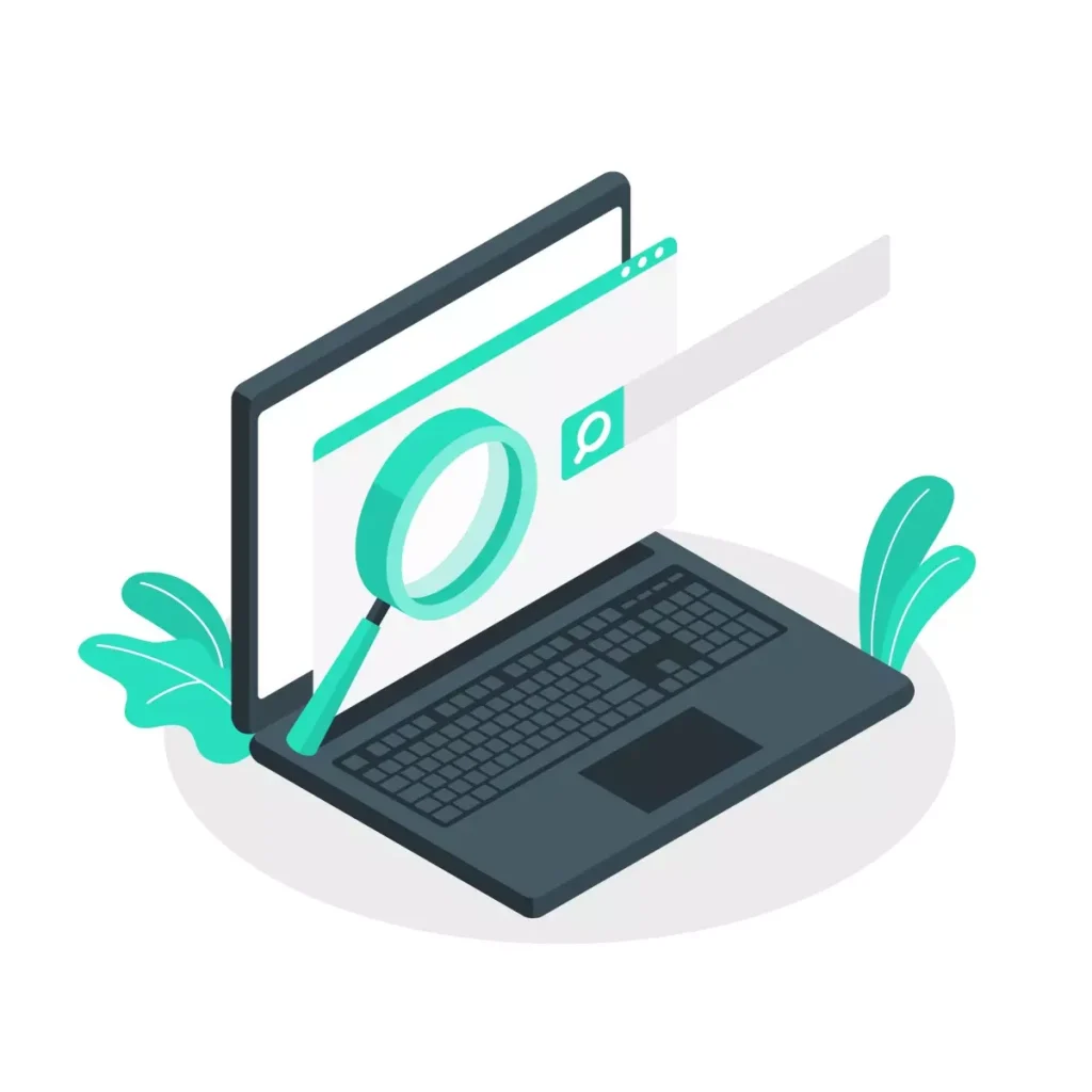 Ilustração de um laptop com uma lupa sobre a tela, simbolizando o processo de registrar retorno da licença-maternidade no eSocial de forma digital e eficiente.