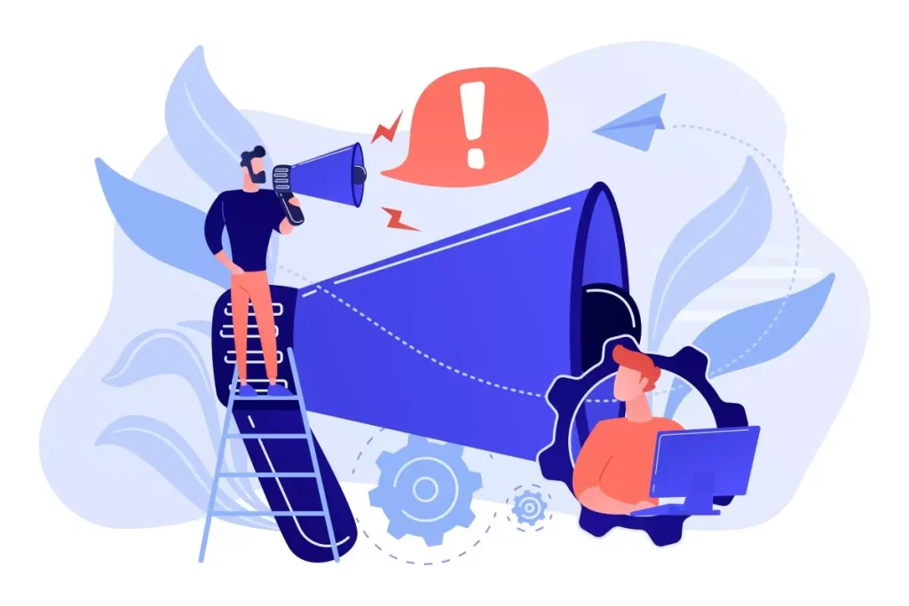 Ilustração representando aviso prévio para empregada doméstica, com pessoa usando megafone e símbolo de atenção, destacando a importância do aviso prévio no contrato de trabalho.