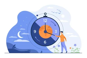 Ilustração de uma criança com um relógio indicando horas noturnas, relacionada aos direitos das babás a adicional noturno ou horas extras, destacando a necessidade de pagamento adequado.