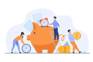 Ilustração explicando o cálculo de salário da babá com moedas, relógios e uma ficha de pagamento, destacando a importância de entender os critérios de remuneração.