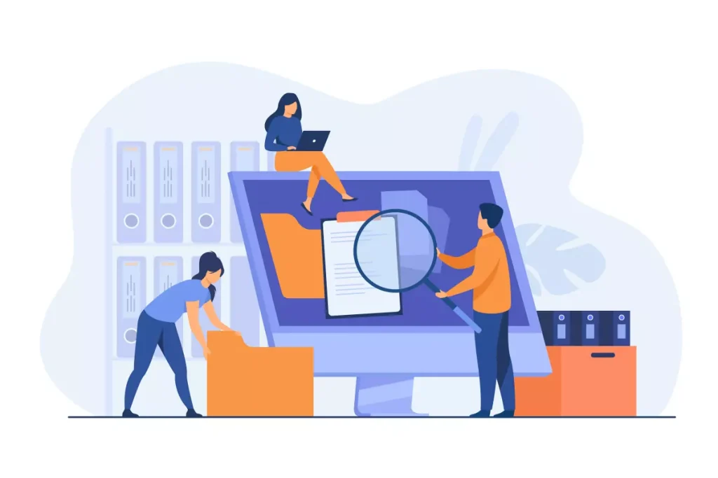 Ilustração de uma pessoa registrando empregada doméstica em um sistema digital, com três indivíduos interagindo com um computador, simbolizando o processo de cadastro e registro.
