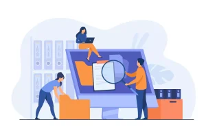Ilustração de uma pessoa registrando empregada doméstica em um sistema digital, com três indivíduos interagindo com um computador, simbolizando o processo de cadastro e registro.
