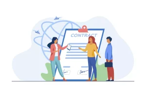 Ilustração de uma assinatura de contrato de trabalho com prazo determinado, com pessoas discutindo e assinando documentos em ambiente profissional.