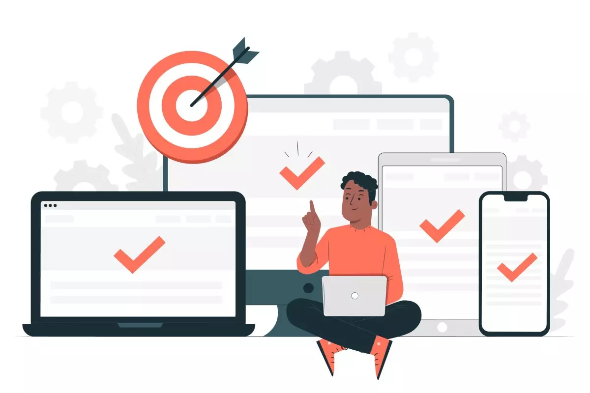 Ilustração de profissionais utilizando laptop e smartphone para lançar férias no eSocial, com ícones de checkmark representando conformidade e bom planejamento.