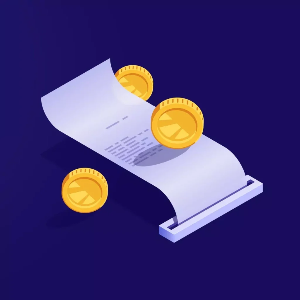 Imagem de um modelo de recibo de pagamento da empregada com moedas douradas ao redor, representando eficiência na gestão financeira.