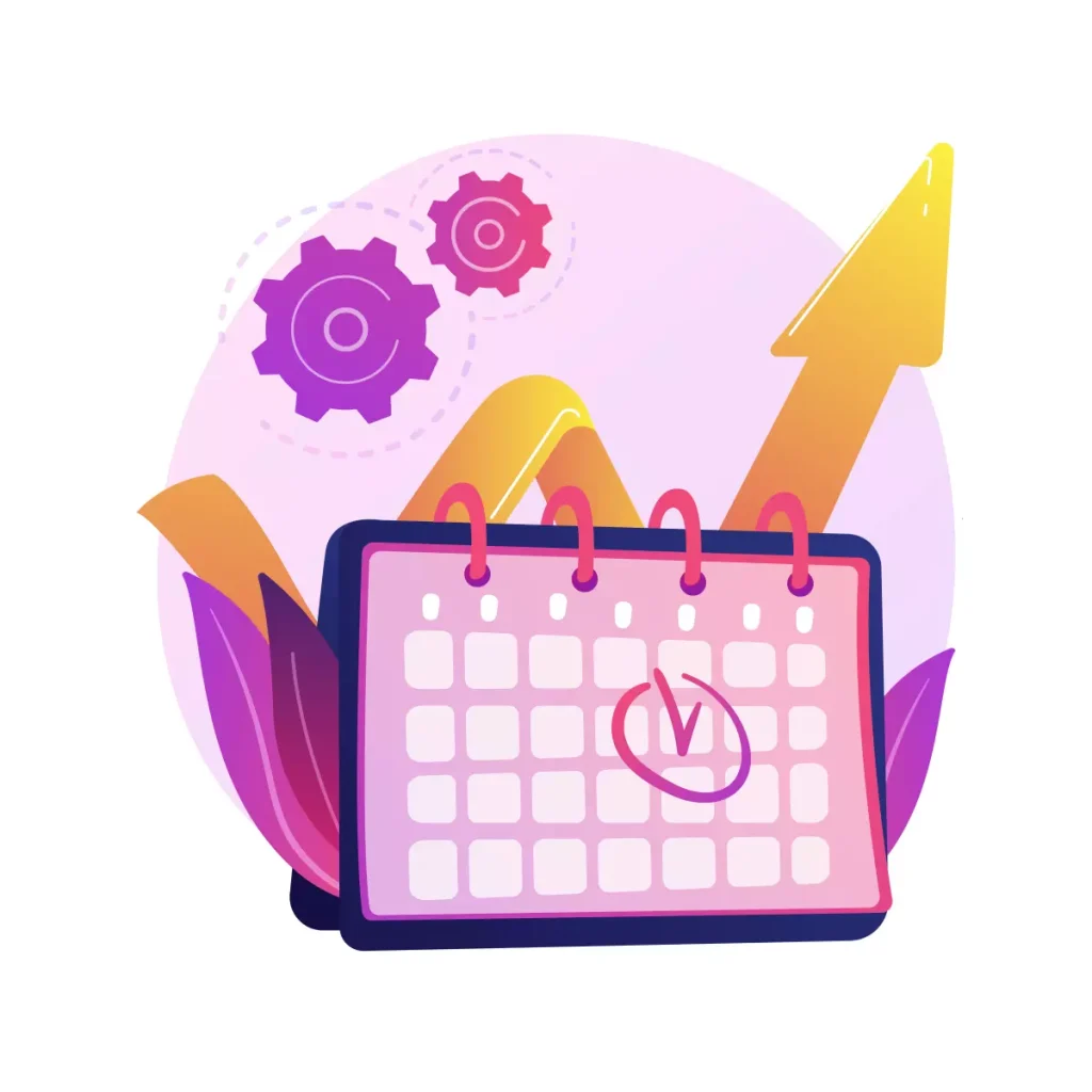 Ilustração de um calendário com um relógio, setas ascendentes e engrenagens, representando obrigações do empregador doméstico em março.