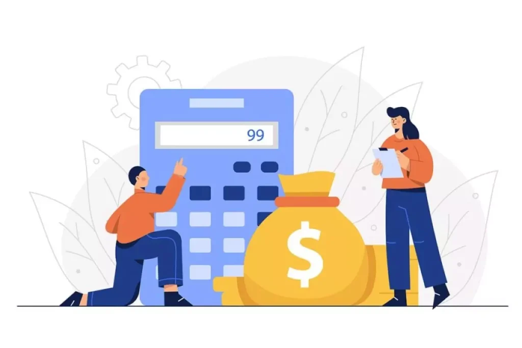 Ilustração sobre custos de empregada doméstica com carteira assinada, mostrando uma calculadora, um saco de dinheiro e duas pessoas ao lado, simbolizando economia e planejamento financeiro.