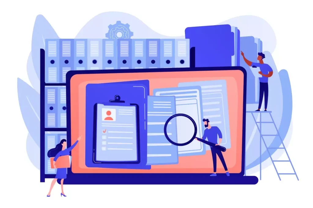 Imagem ilustrativa sobre requerimento do seguro-desemprego para doméstica, mostrando computadores, documentos e pessoas realizando processos administrativos.