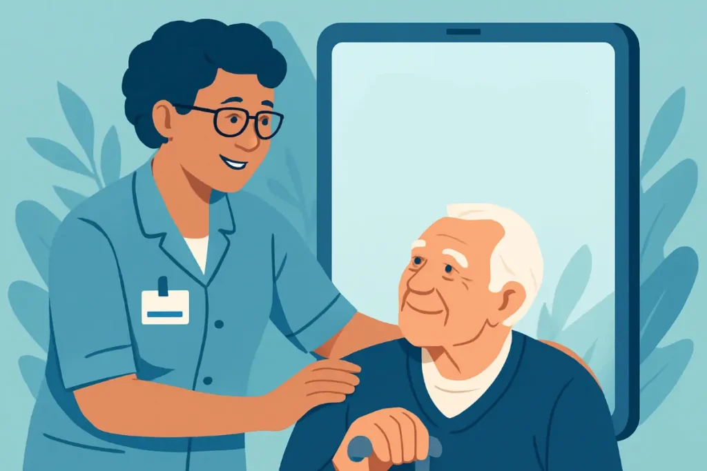 Profissional de saúde ajudando idoso, ilustrando passo a passo de como registrar um cuidador de idosos, com destaque para documentação e cadastro.