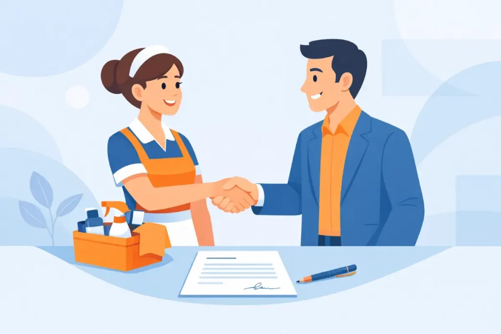 Imagem ilustrativa de uma empregada doméstica e seu empregador realizando um contrato de experiência, destacando os direitos trabalhistas da empregada doméstica neste período.