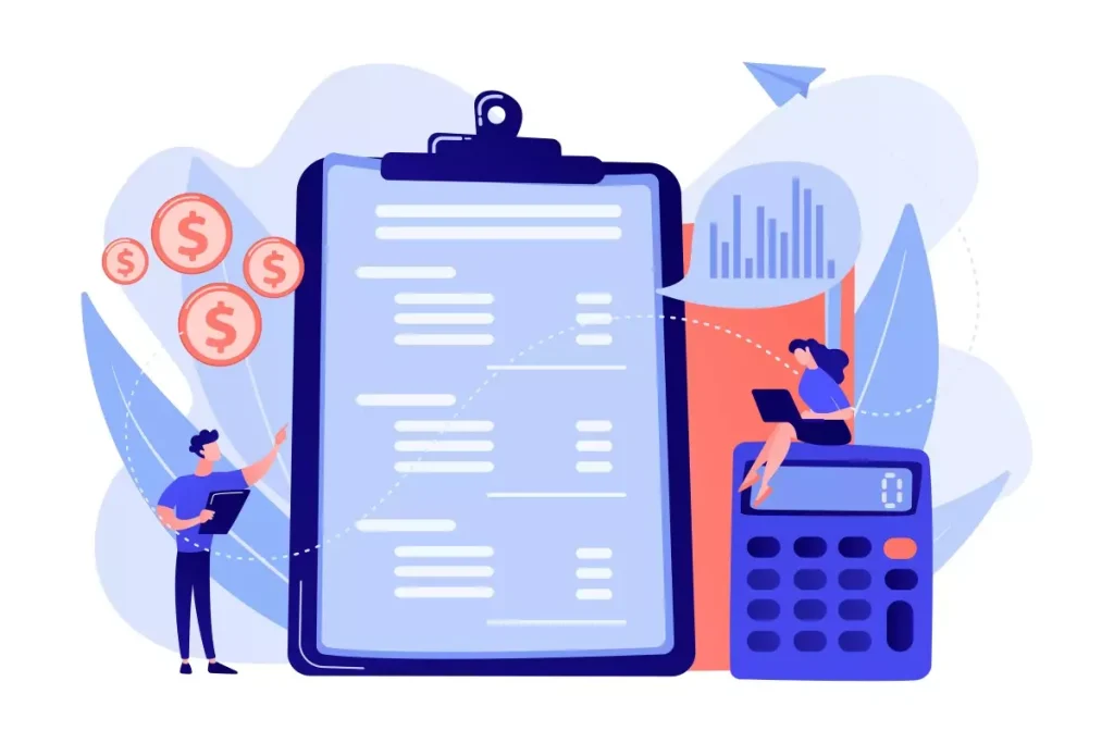 Ilustração moderna representando cálculo de rescisão, com gráficos, calculadora e documentos, ideal para entender o processo de rescisão de contrato de trabalho.