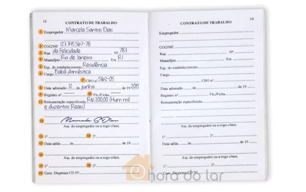 Imagem de uma carteira de trabalho física de empregada doméstica, com páginas abertas mostrando detalhes do documento, essencial para quem deseja saber como assinar carteira física de doméstica.