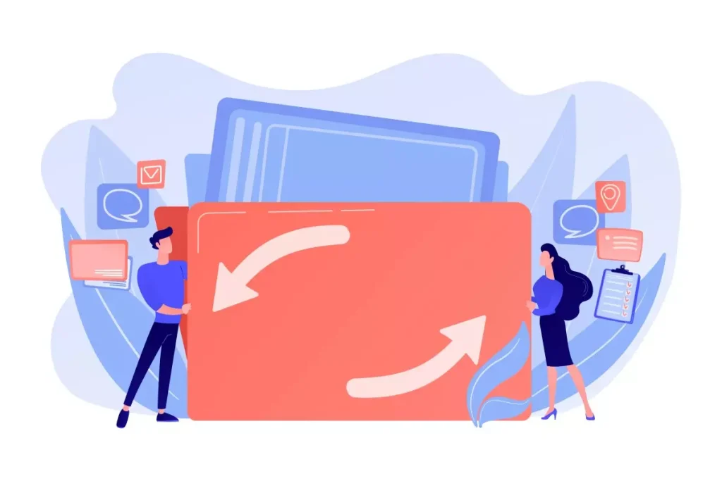 Ilustração sobre direitos da empregada doméstica mostrando duas pessoas entre ícones de documentos e computadores, destacando a importância de direitos trabalhistas.