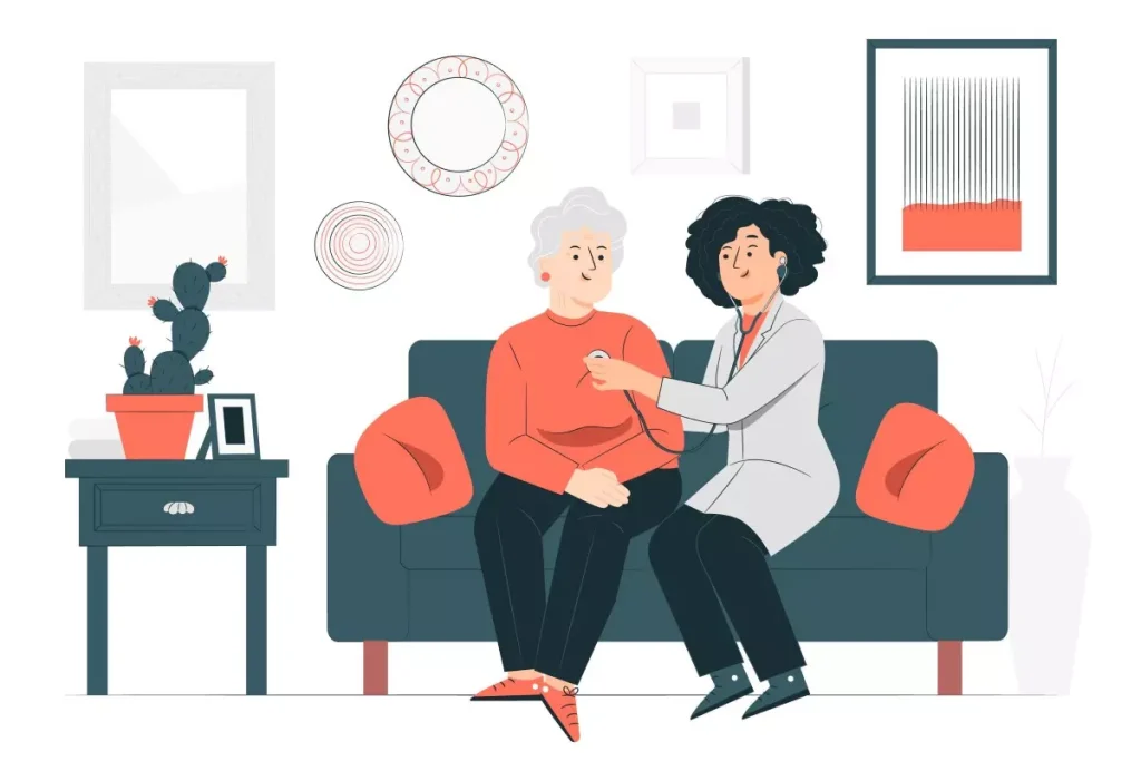 Imagem de uma cuidadora conversando com idoso sentado no sofá, ilustrando os direitos e deveres dos cuidadores de idosos, ambiente acolhedor e confortável.