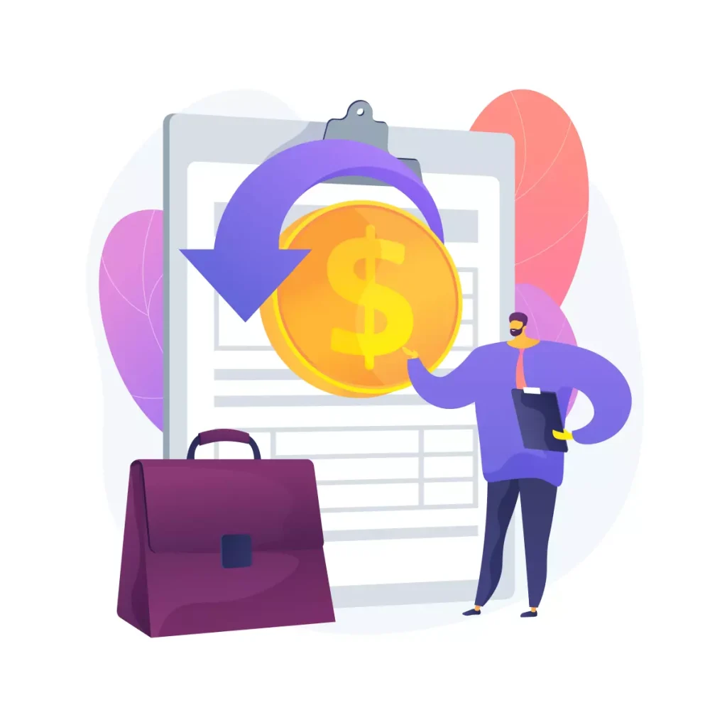 Ilustração de documentos para sacar o FGTS, incluindo uma folha de papel, uma moeda de ouro com símbolo de dinheiro, uma mochila e uma pessoa segurando uma moeda.