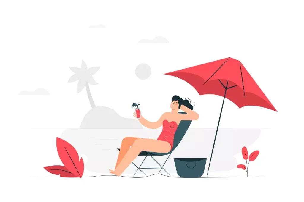 Babá relaxando em suas férias ao ar livre, sentada em uma cadeira confortável sob guarda-sol vermelho, aproveitando momentos de descanso e lazer.