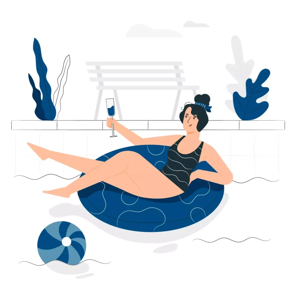 Ilustração de uma babá relaxando na piscina durante suas férias, curtindo o verão em um cenário tranquilo e divertido, representando férias da babá.