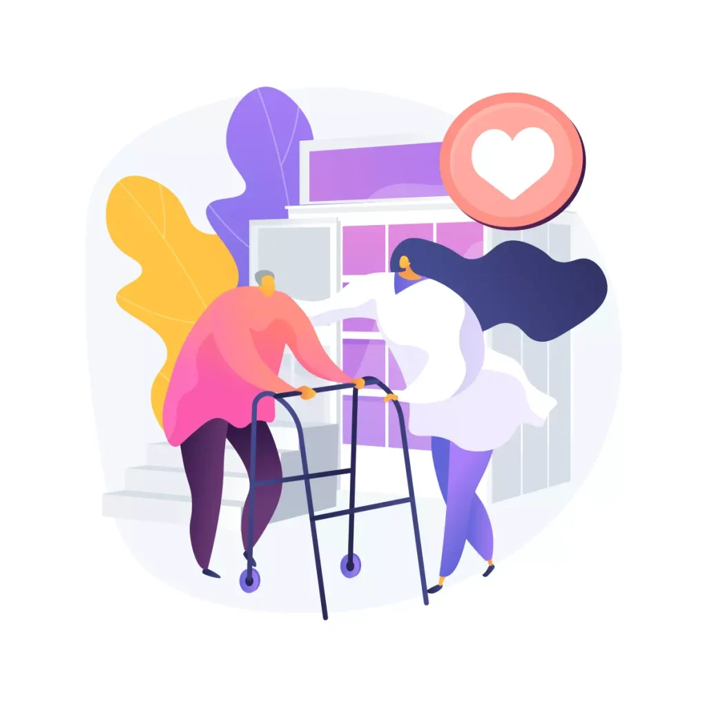 Ilustração representando a jornada de trabalho do cuidador de idoso, mostrando uma cuidadora ajudando um idoso com mobilidade, destaque para o amor e dedicação na assistência ao idoso.