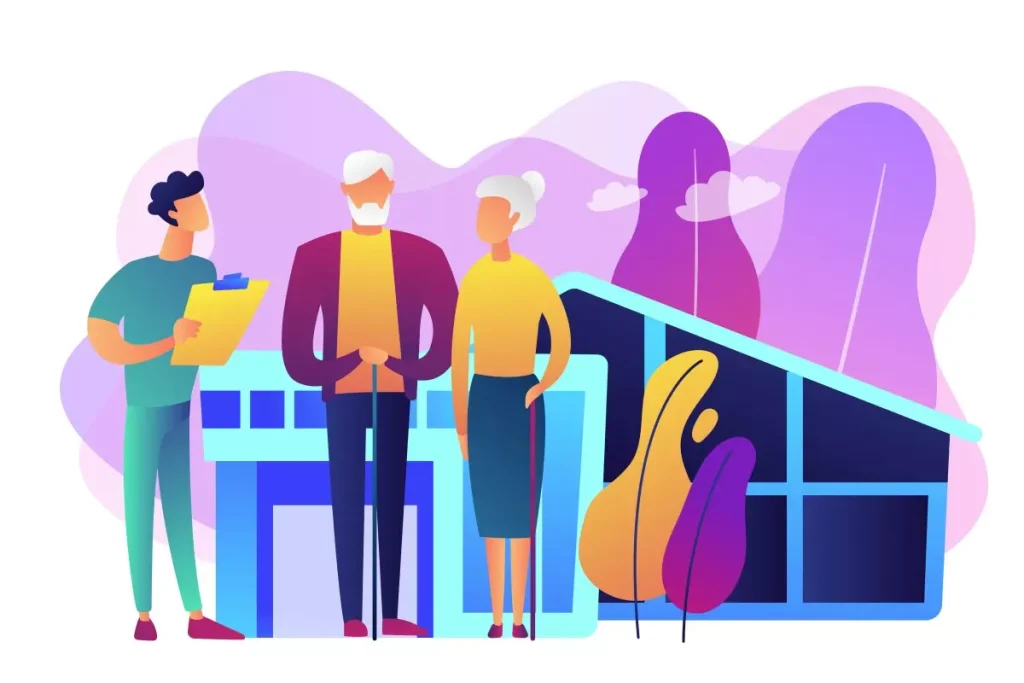 Imagem ilustrativa sobre a rescisão de cuidadores de idosos, mostrando profissionais e idosos em ambiente de assistência domiciliar ou institucional.