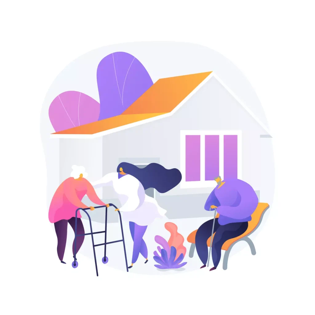 Imagem ilustrativa representando a rescisão de cuidadores de idosos, com idosos e cuidadores em ambiente de sala de convivência, enfatizando o processo de término de contrato de cuidadores de idosos.