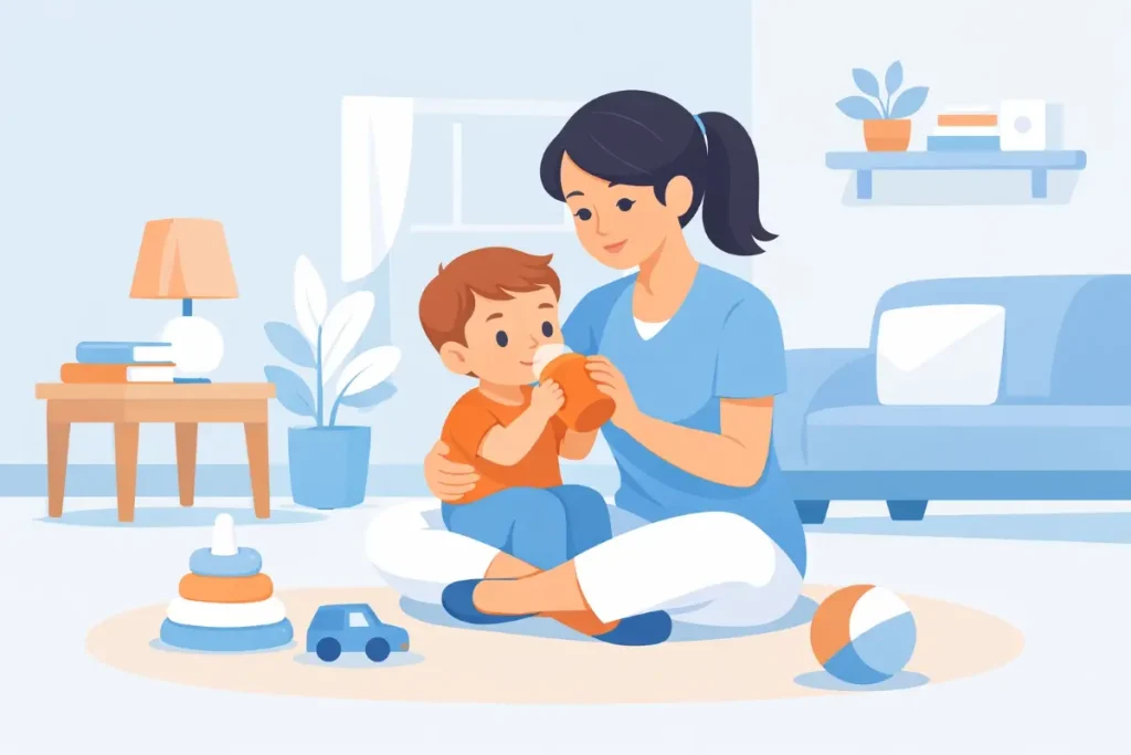 Ilustração de uma babá cuidando de uma criança em um ambiente doméstico, evidenciando os direitos da babá e a importância do cuidado infantil.