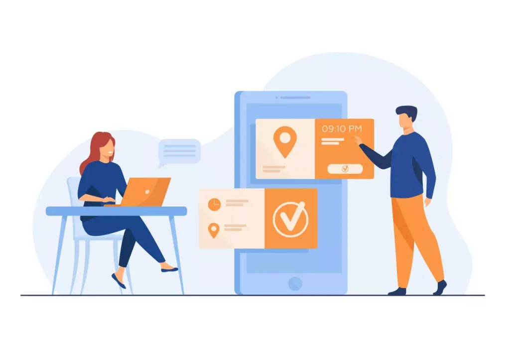 Ilustração de pessoas usando um aplicativo para gestão do empregado doméstico, com telas de smartphone exibindo funcionalidades como localização e controle de tarefas