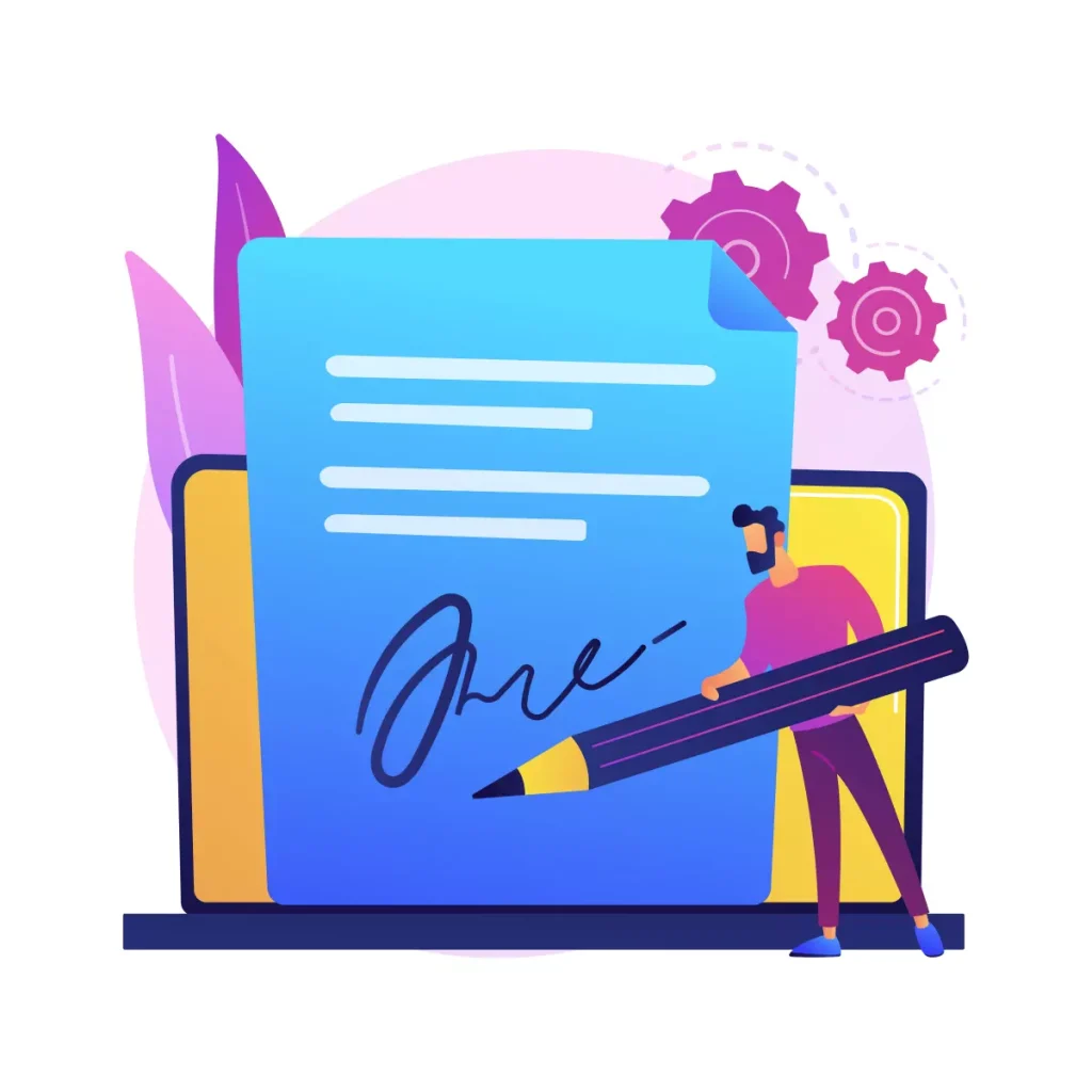 Ilustração representando o processo de assinatura digital de uma carteira de trabalho digital da doméstica, com elementos de papel, caneta e tecnologia.