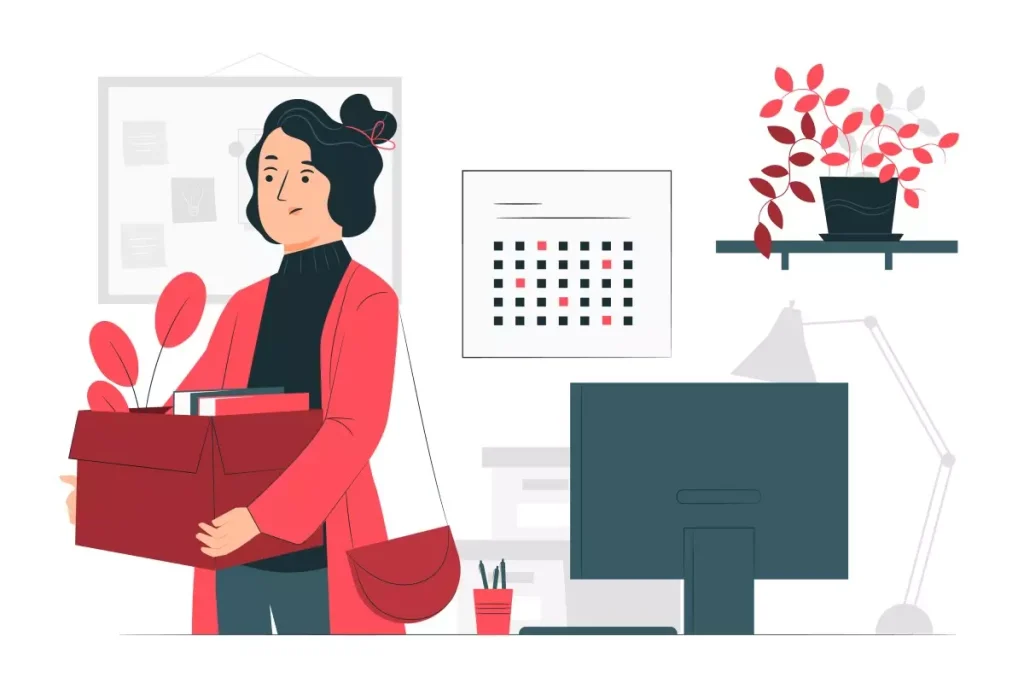 Imagem ilustrativa sobre como demitir empregada doméstica, mostrando uma mulher segurando uma caixa de pertences em um ambiente de escritório ou sala de estar bem organizado.