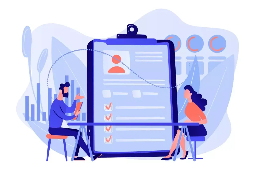 Imagem ilustrativa de duas pessoas conversando sobre como registrar a babá, com uma grande tela digital exibindo um formulário de cadastro e checagens, em um ambiente moderno.