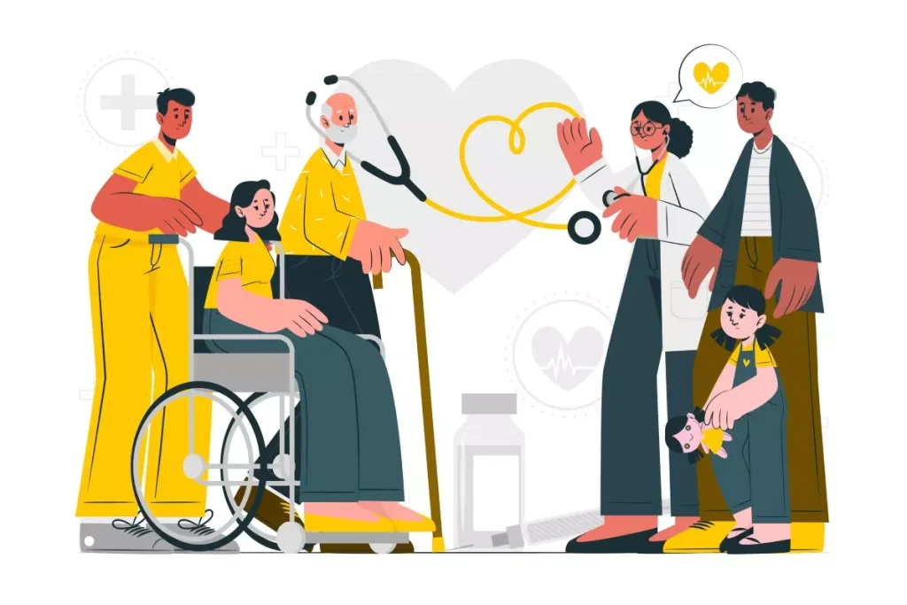 Imagem de um cuidador de idoso sendo assistido por uma família, destacando a importância do cuidador de idoso como empregado doméstico responsável pelo bem-estar dos idosos, em um ambiente acolhedor.