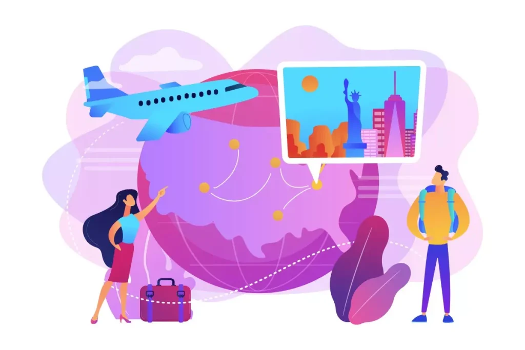 Ilustração de uma empregada doméstica acompanhando uma pessoa em uma viagem internacional, com avião, mapa e malas, representando o suporte em viagens.