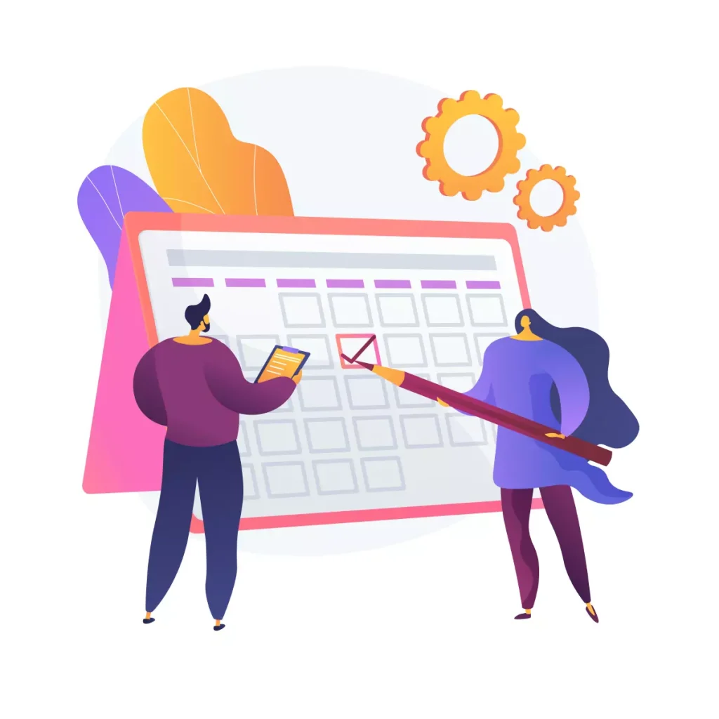 Ilustração de responsáveis por organização de obrigações do empregador doméstico em maio com calendário, laptops e engrenagens