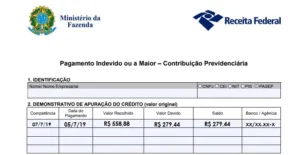 Imagem de uma declaração de comprovação de crédito do Ministério da Fazenda e da Receita Federal do Brasil, referente a pagamento indevido ou a maior na contribuição previdenciária, com informações de identificação e valores em destaque.