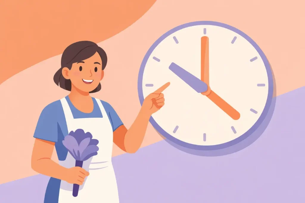 Imagem ilustrativa de uma empregada doméstica apontando para o relógio, explicando quanto horas ela pode trabalhar, de acordo com a legislação.