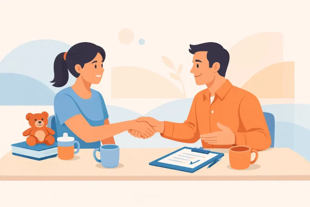 Ilustração de uma conversa para rescisão da babá, onde uma mulher e um homem estão dando a mão após um acordo, com itens como trocando mensagens, xícara e um ursinho de brinquedo ao lado.