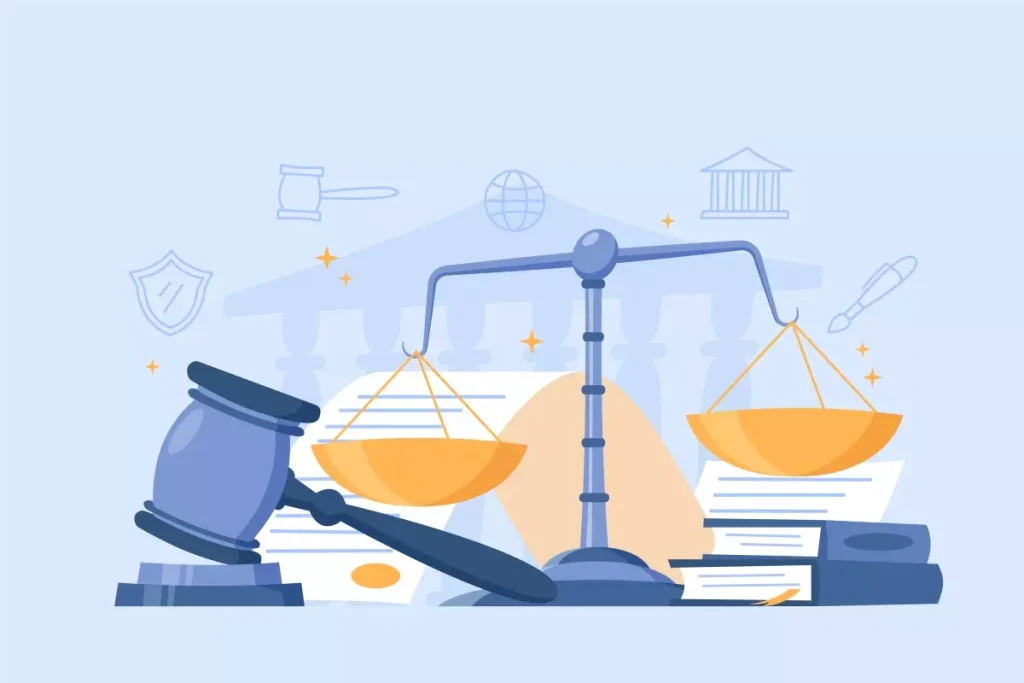 Imagem ilustrativa sobre ações trabalhistas de empregado doméstico, contendo uma balança de justiça, livros, martelo de juiz e elementos relacionados ao direito do trabalhador doméstico.