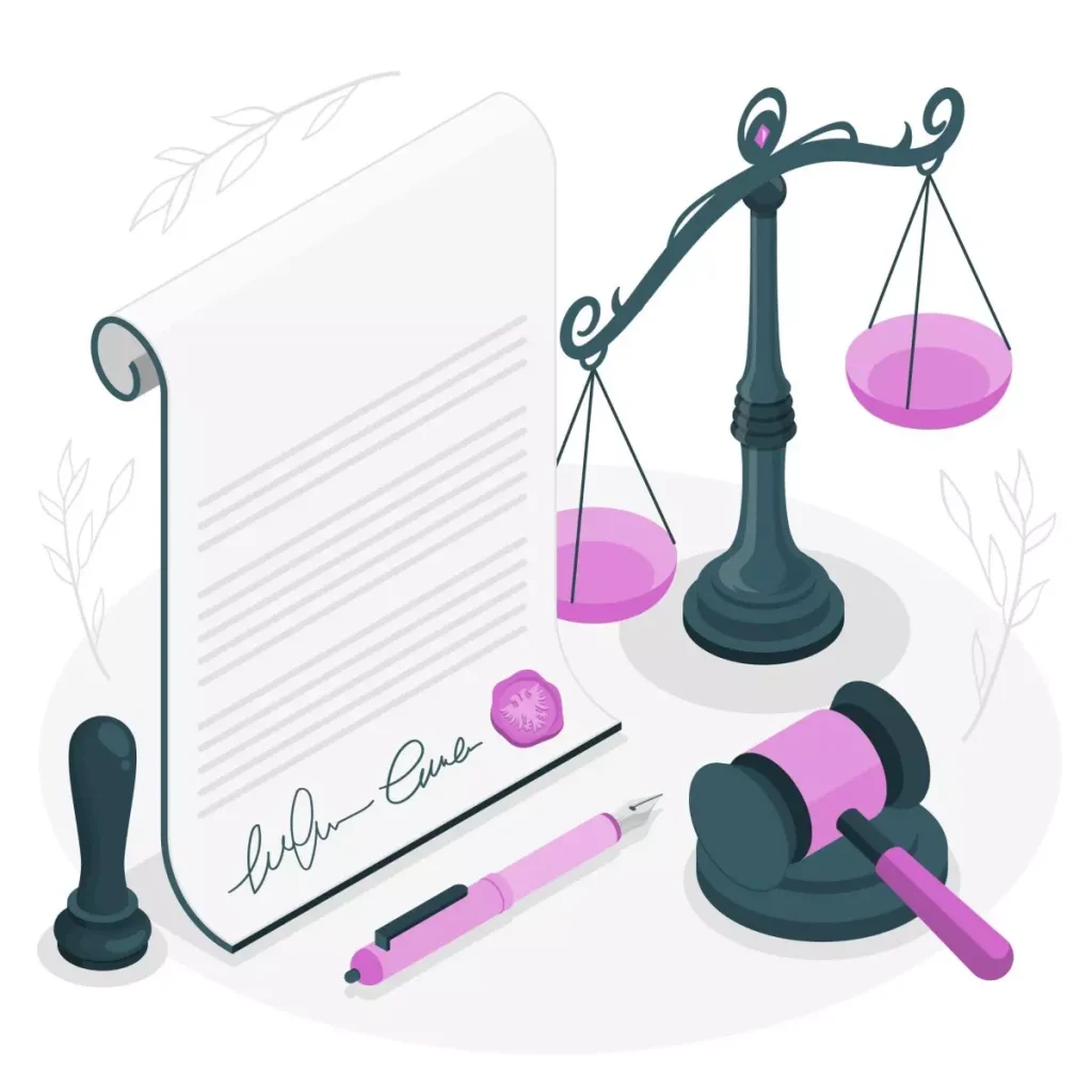 Imagem ilustrativa de uma balança com documentos, martelo de juiz e selo, simbolizando defesa jurídica contra processos trabalhistas de empregadas domésticas.