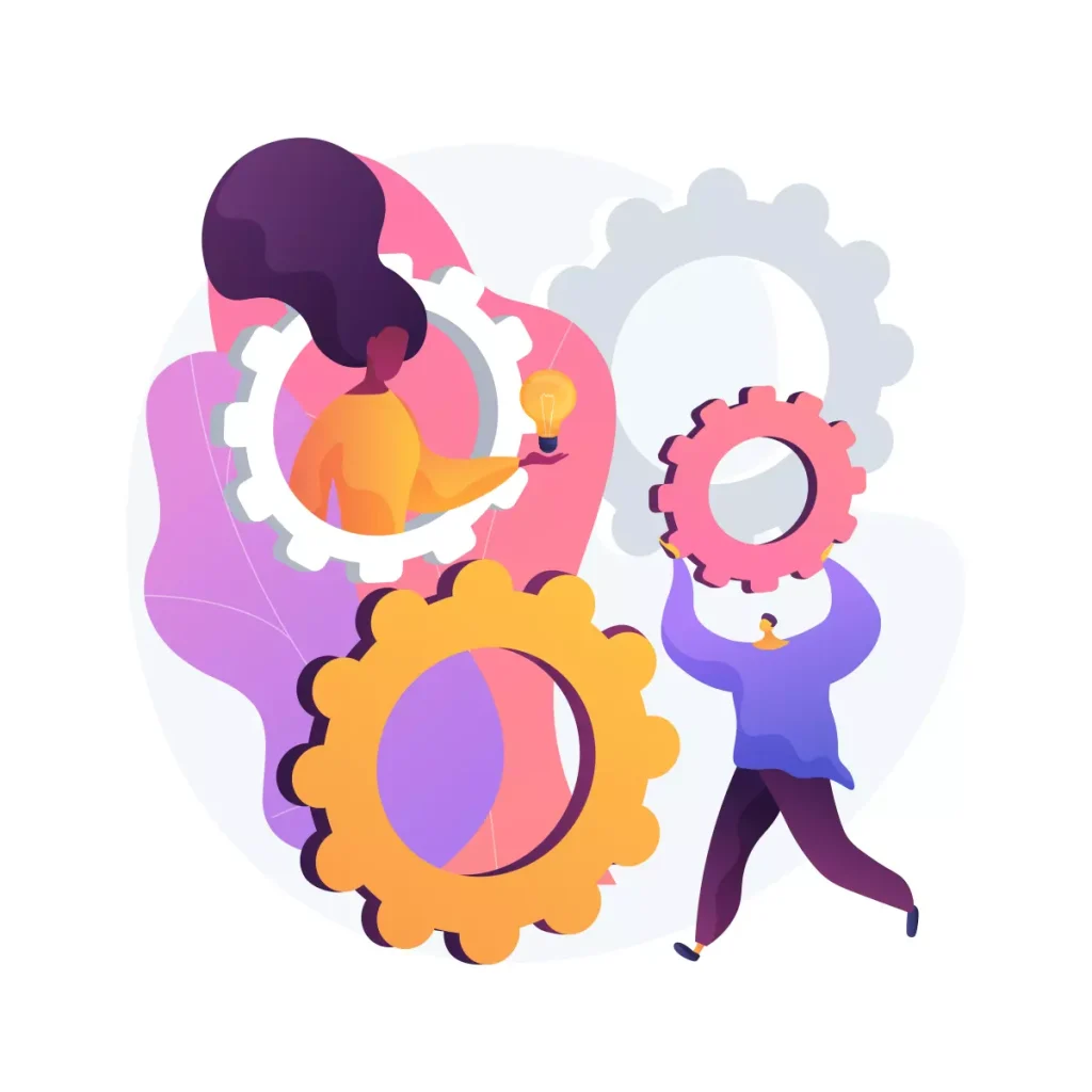 Ilustração representando as funções da empregada doméstica, com personagens trabalhando com engrenagens, simbolizando tarefas como limpeza, organização e cuidado doméstico.
