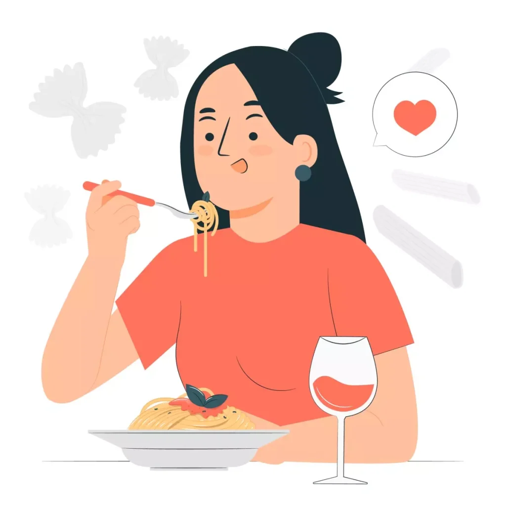 Mulheira feliz desfrutando o horário de almoço da empregada doméstica, com comida deliciosa e uma taça de vinho em uma mesa, simbolizando descanso e bem-estar.