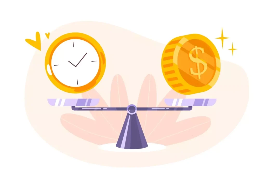 Ilustração representando equilíbrio entre o tempo de horas extras da empregada doméstica e o valor a ser recebido, destacando a importância do pagamento justo.