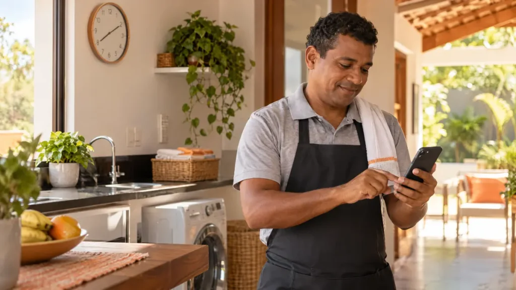 Homem em casa usando um celular enquanto trabalha na cozinha com avental preto; ao fundo há relógio na parede, pia e plantas, sugerindo controle de ponto de caseiro