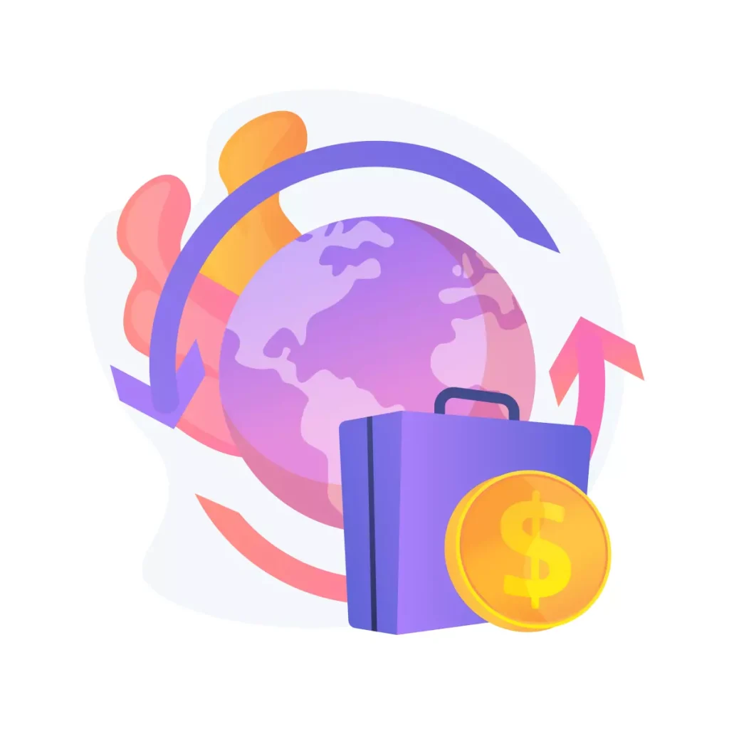 Ilustração representando adicional de viagem para empregada doméstica, com planeta Terra, mala de viagem e símbolo de dinheiro, destacando benefícios e direitos.