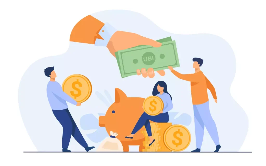 Ilustração representando a antecipação do 13° salário nas férias da doméstica, com moedas, dinheiro, porquinho de poupança e pessoas mostrando ações financeiras.