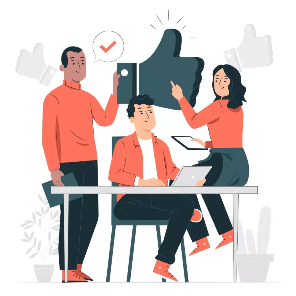 Ilustração de pessoas discutindo dicas sobre como encontrar uma empregada doméstica de confiança, com rosto sorridente e ambiente de trabalho.