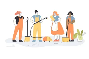 Ilustração mostrando a diferença entre diarista e empregada doméstica, com pessoas realizando tarefas domésticas variadas, destacando diferentes funções e relacionamentos de trabalho doméstico.