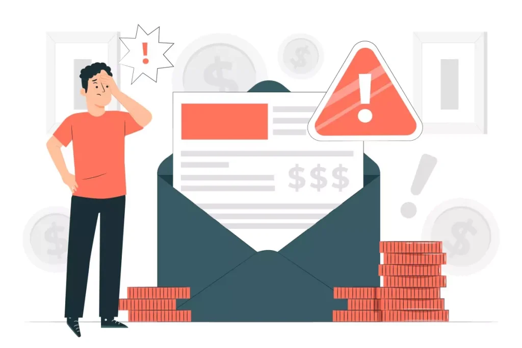 Imagens ilustrativas de férias vencidas da empregada doméstica, com símbolo de alerta, cartas e pilhas de moedas representando problemas financeiros relacionados ao não pagamento das férias. Guia para entender direitos e ações legais.