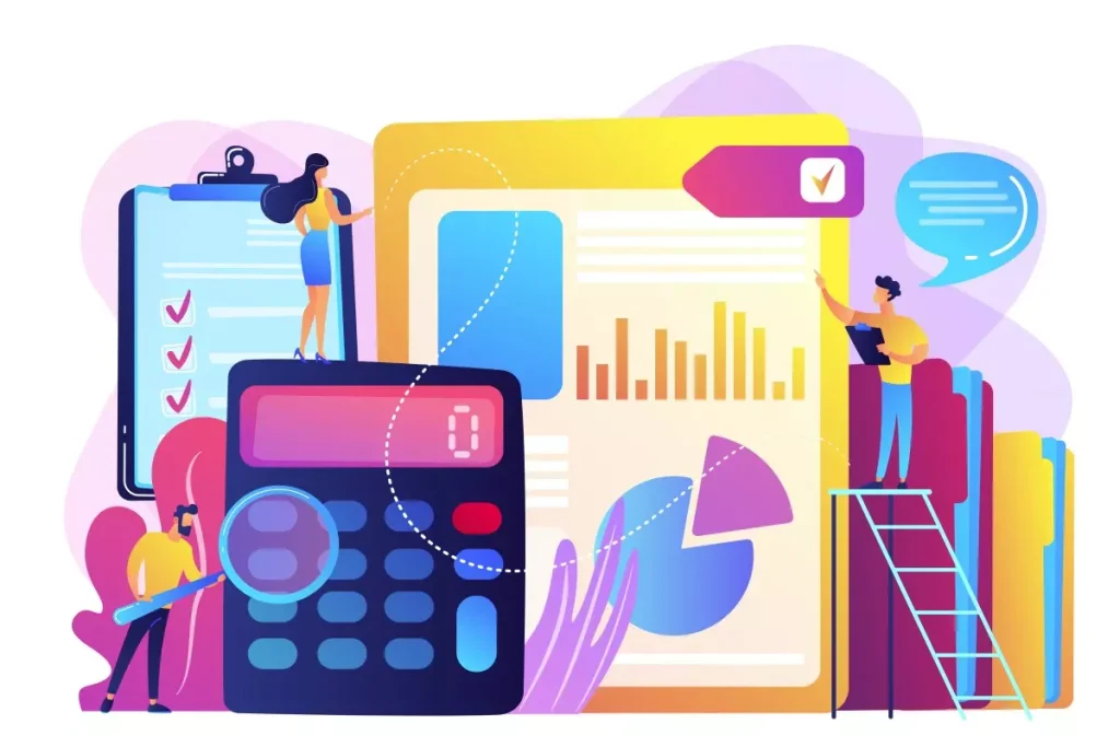 Ilustração relacionada à fiscalização de trabalho doméstico, mostrando gráficos, uma calculadora, e equipes trabalhando na análise de dados e verificações.