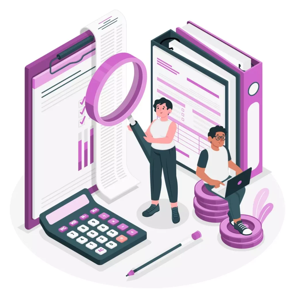 Ilustração moderna sobre fiscalização de trabalho doméstico, mostrando documentos, alguém usando laptop e celular, destacando aspectos legais e procedimentos.