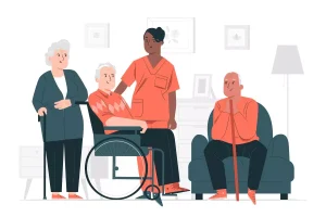 Imagem demonstrando o que um cuidador de idoso faz ao prestar assistência a idosos em casa, realizando tarefas como acompanhamento na cadeira de rodas e apoio emocional.
